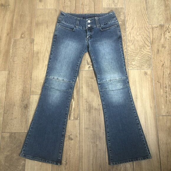 Vintage Y2K Size 5 Wide Waistband Boot Cut Wide Leg Med Wash Low Rise - Picture 1 of 9
